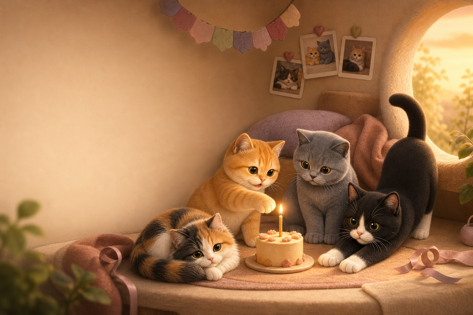 Custard and three Kastardo companions gather around a tiny CatDay cake in a cosy den.