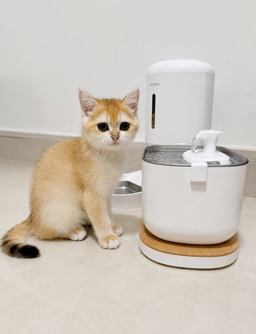 Baby Custard sits beside his water fountain and feeder at home.